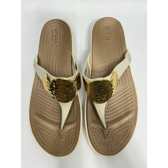 Crocs Sanrah Hammered Circle Gold Cream Wedge Thong Sandal Womens Size 11 - Picture 5 of 11